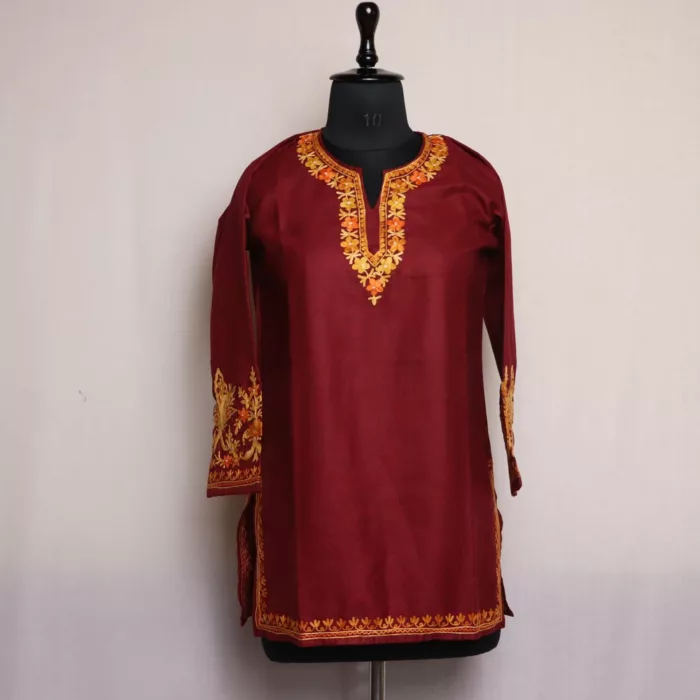 Kashmiri Kurti - Maroon Short Ruby Cotton with Heavy Arm Aari Embroidery