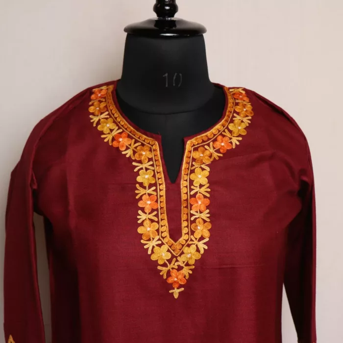 Kashmiri Kurti - Maroon Short Ruby Cotton with Heavy Arm Aari Embroidery - Image 2