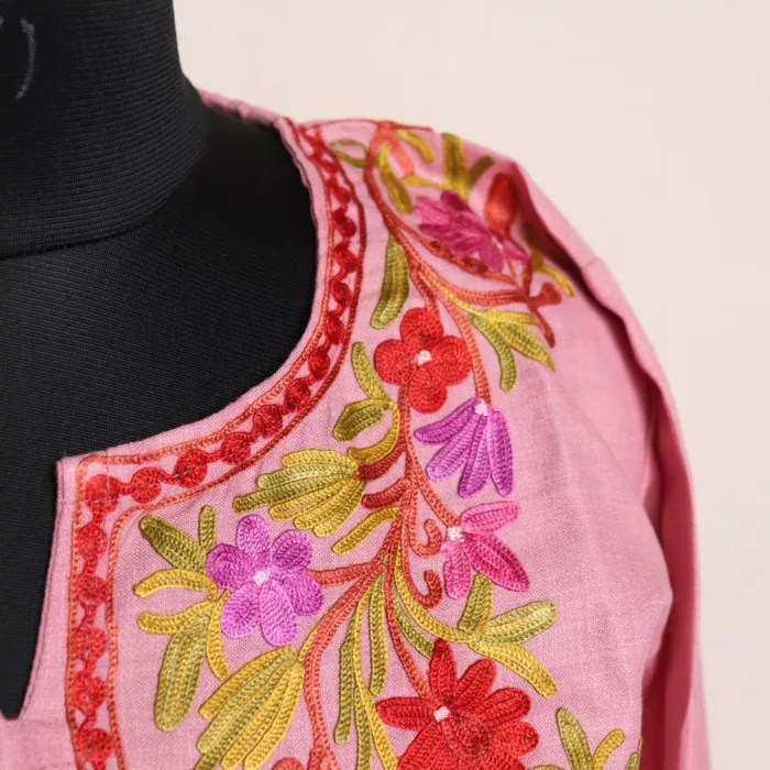 Kashmiri Summer Kurti- Light Pink Short Cotton with Aari Embroidery - Image 3