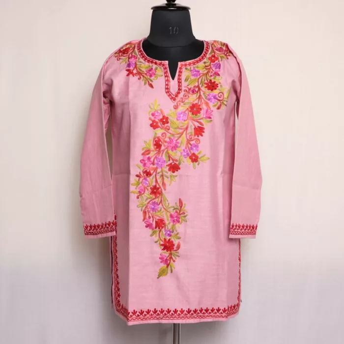 Kashmiri Summer Kurti- Light Pink Short Cotton with Aari Embroidery