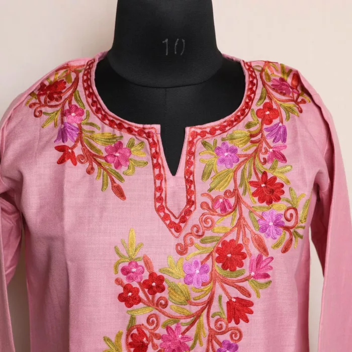 Kashmiri Summer Kurti- Light Pink Short Cotton with Aari Embroidery - Image 2