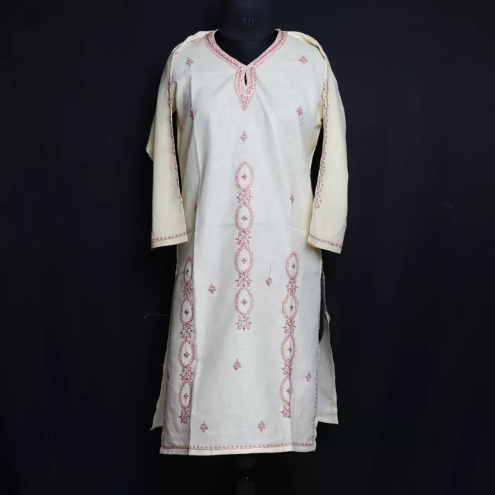 Light Yellow Kashmiri Sozni Handwork Cotton Kurta