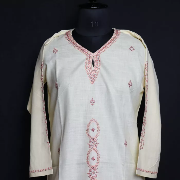 Light Yellow Kashmiri Sozni Handwork Cotton Kurta - Image 2