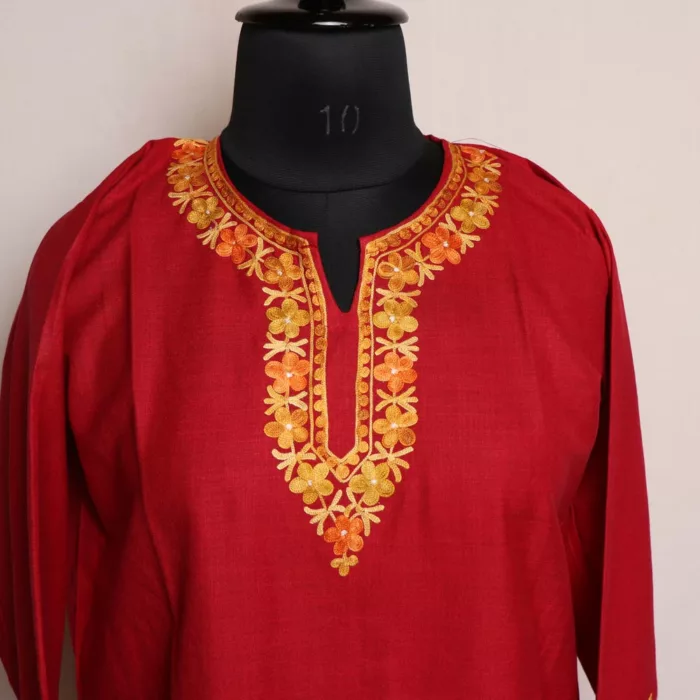 Kashmiri Summer Kurti - Maroon Short Cotton with Aari Embroidery - Image 2