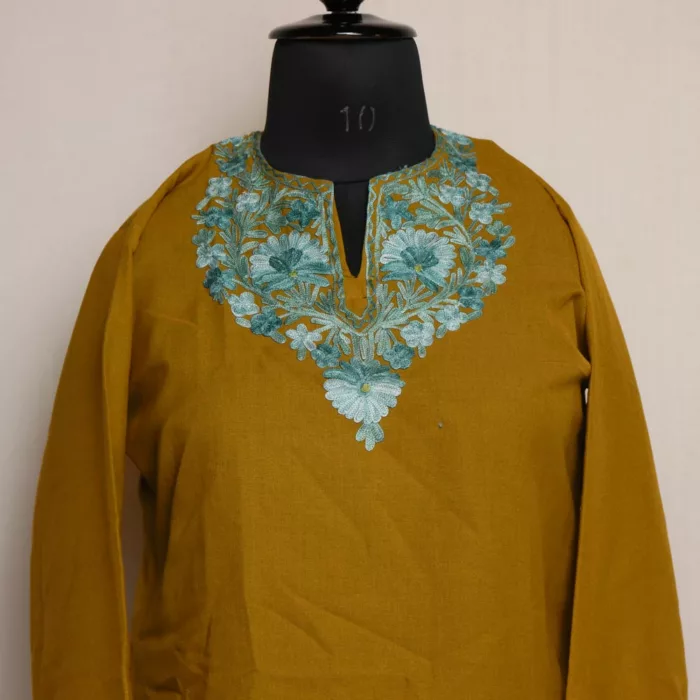 Kashmiri Summer Kurti - Mehndi Green Short Cotton with Aari Embroidery - Image 2