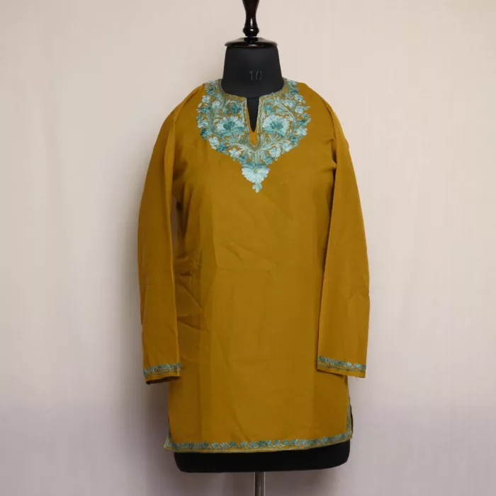 Kashmiri Summer Kurti - Mehndi Green Short Cotton with Aari Embroidery