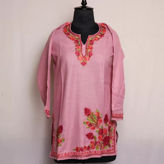 Kashmiri Kurti - Pink Short Ruby Cotton with Aari Embroidery