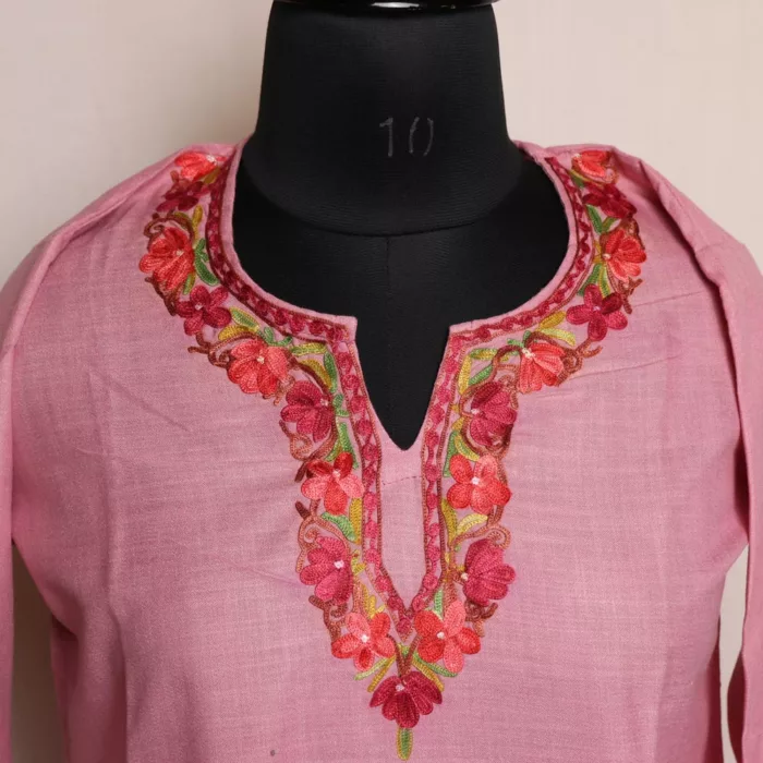 Kashmiri Kurti - Pink Short Ruby Cotton with Aari Embroidery - Image 3