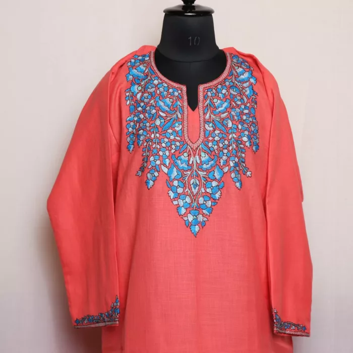 Pink Kashmiri Sozni Handwork Cotton Pheran Set - Image 2