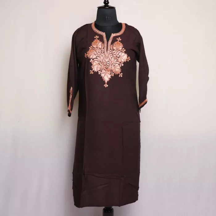 Brown Rayon Cotton Kurta with Tilla Embroidery - Image 2