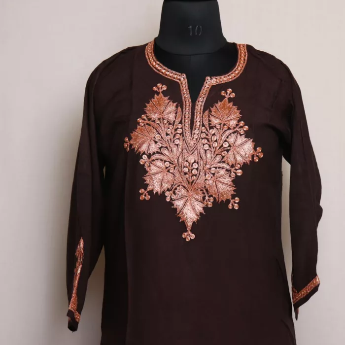 Brown Rayon Cotton Kurta with Tilla Embroidery