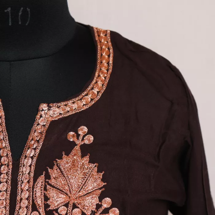 Brown Rayon Cotton Kurta with Tilla Embroidery - Image 3