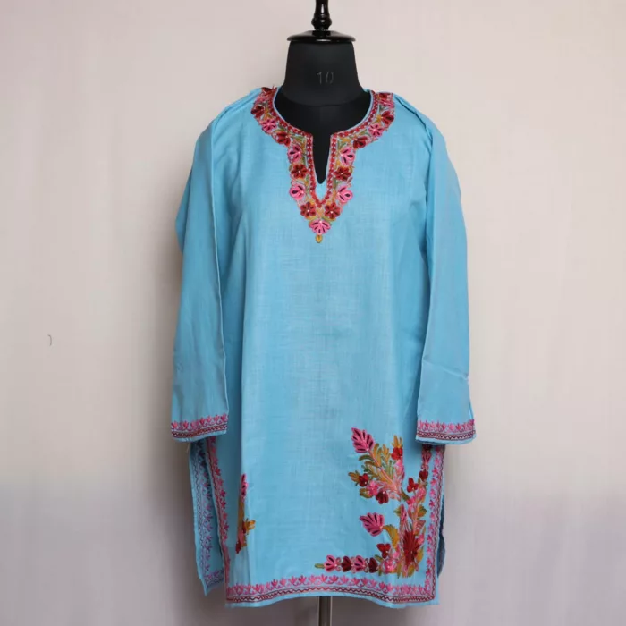 Kashmiri Kurti - Sky Blue Short Ruby Cotton with Aari Embroidery