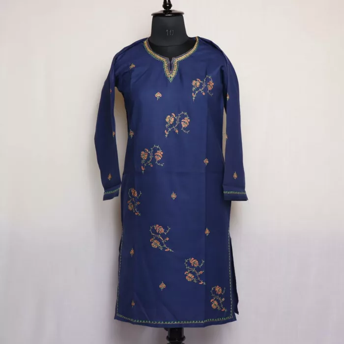 Dark Blue Kashmiri Sozni Handwork Cotton Kurta