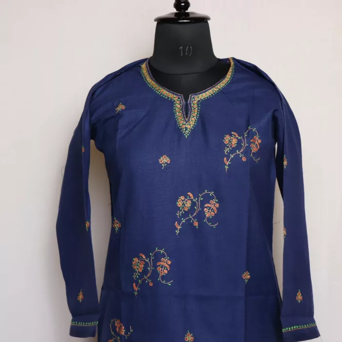 Dark Blue Kashmiri Sozni Handwork Cotton Kurta - Image 2