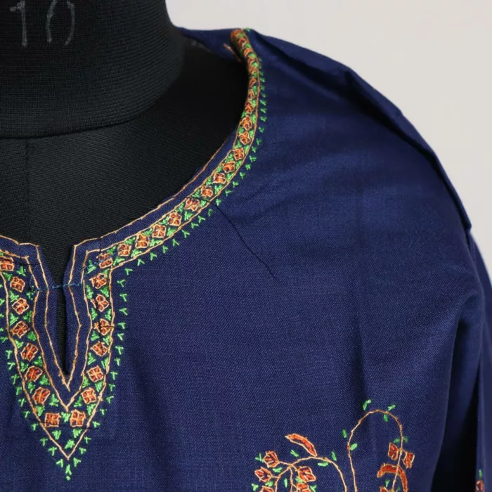 Dark Blue Kashmiri Sozni Handwork Cotton Kurta - Image 3