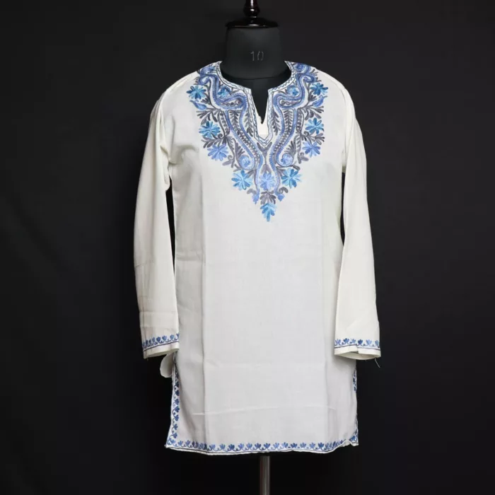 Kashmiri Summer Kurti - White Short Cotton with Aari Embroidery