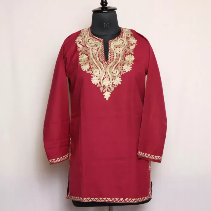 Kashmiri Summer Kurti - Wine Short Cotton with Aari Embroidery