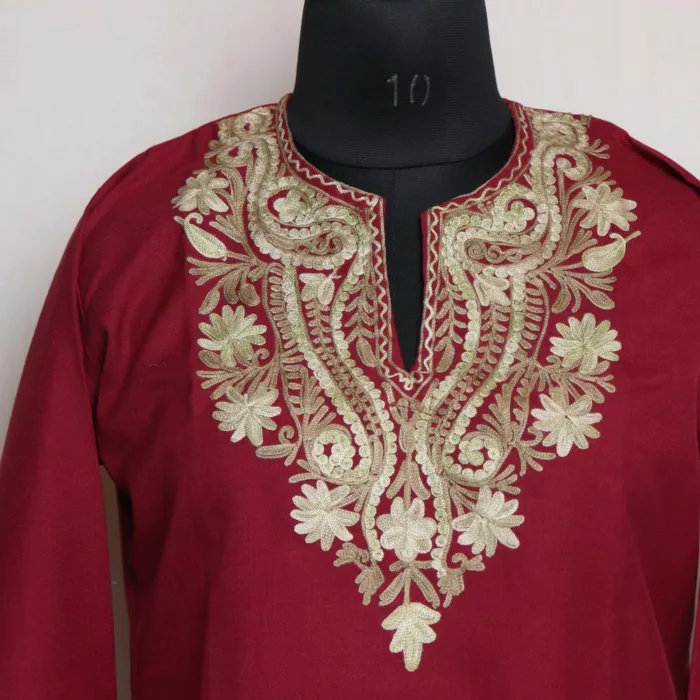 Kashmiri Summer Kurti - Wine Short Cotton with Aari Embroidery - Image 2