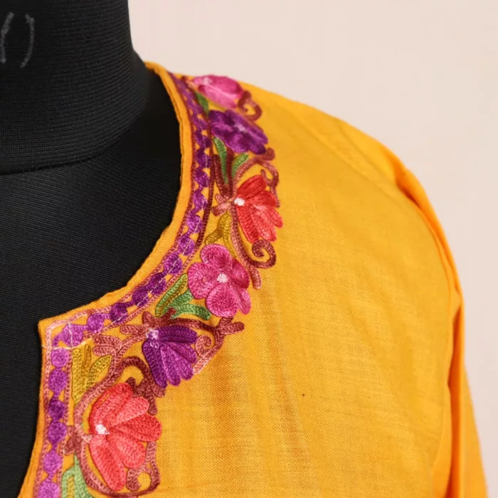 Kashmiri Kurti - Yellow Short Ruby Cotton with Aari Embroidery - Image 2