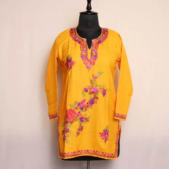 Kashmiri Kurti - Yellow Short Ruby Cotton with Aari Embroidery