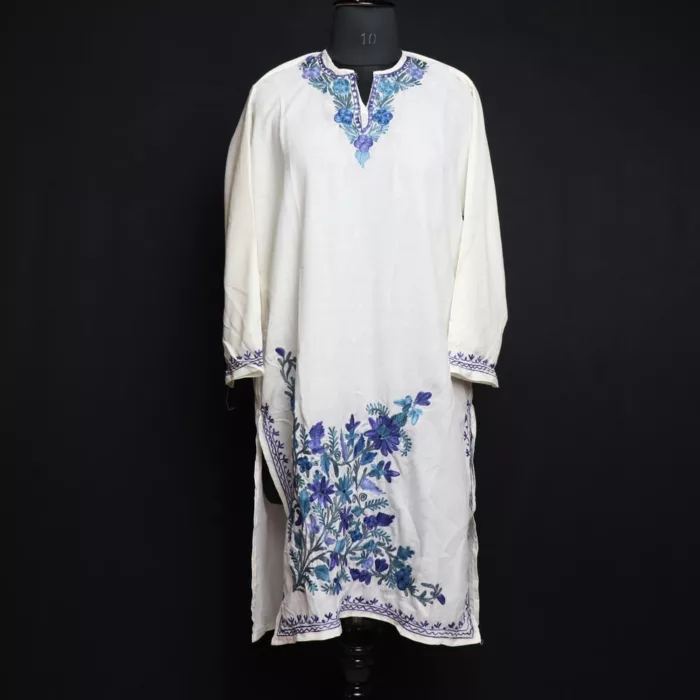 White Blue Summer Kashmiri Kurta with Aari Embroidery