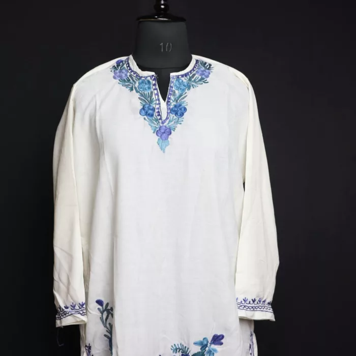 White Blue Summer Kashmiri Kurta with Aari Embroidery - Image 2