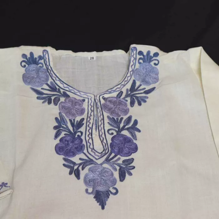 White Maheen Kashmiri Kids Girls Kurta With Trousers with Blue Aari Embroidery (6-7Y) - Image 3