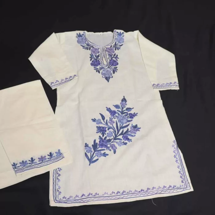 White Maheen Kashmiri Kids Girls Kurta With Trousers with Blue Aari Embroidery (6-7Y)