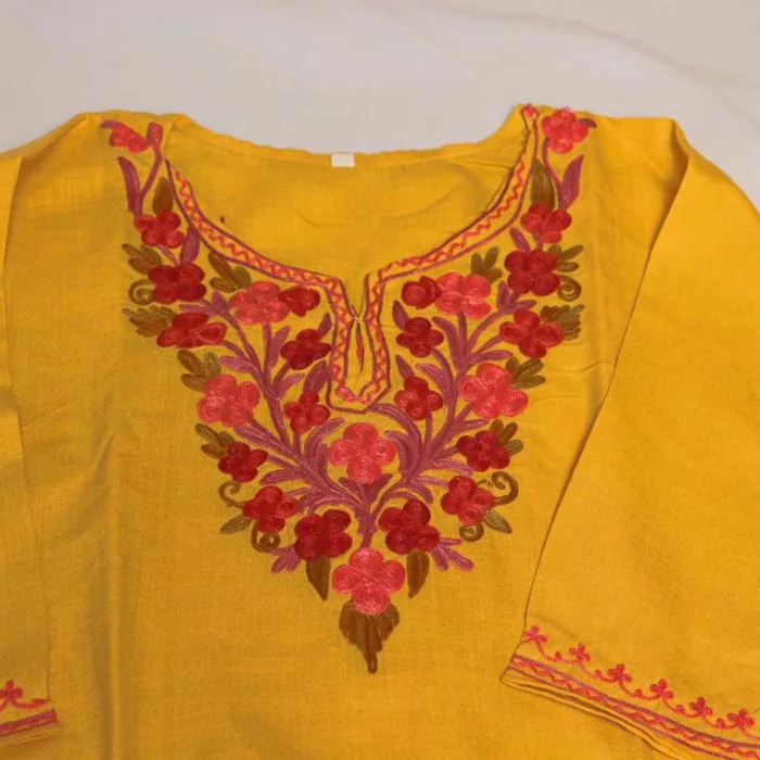 Yellow Mehru Kashmiri Kids Girls Kurta With Trousers with Aari Embroidery (6-7Y) - Image 3