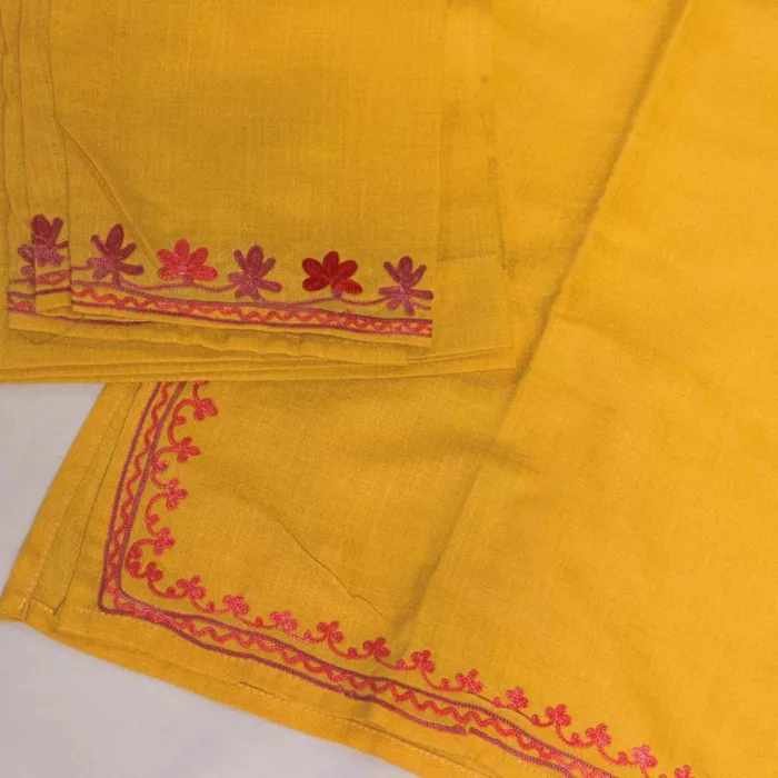 Yellow Mehru Kashmiri Kids Girls Kurta With Trousers with Aari Embroidery (6-7Y) - Image 2