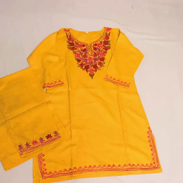 Yellow Mehru Kashmiri Kids Girls Kurta With Trousers with Aari Embroidery (6-7Y)