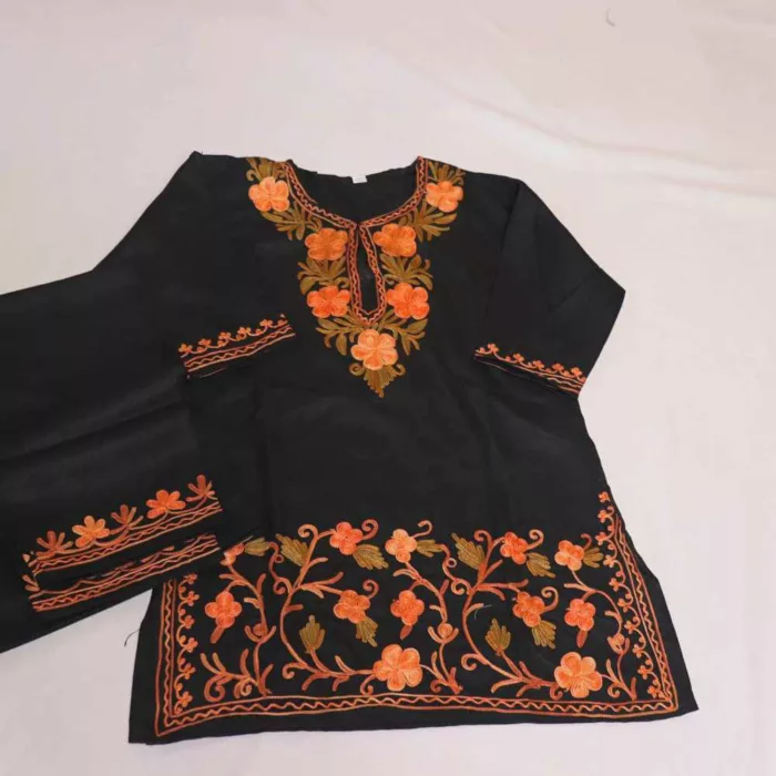 Black Daman Embroidery Mahapara Girls Dress for Summer: Kurta Set With Trousers (2-3 years)