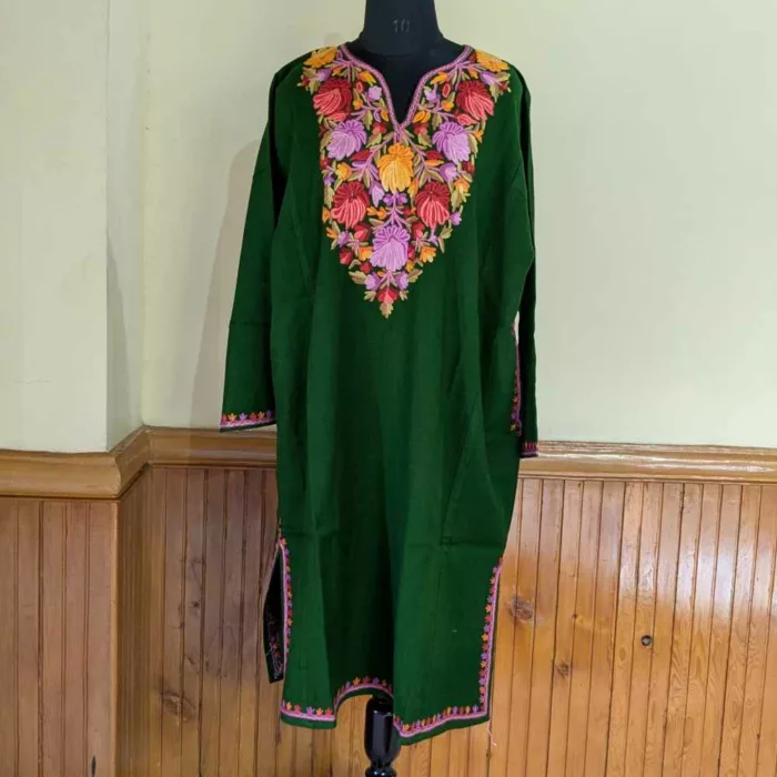 Green Eshal Raffal Kashmiri Pheran with Hand Aari Embroidery - Image 2