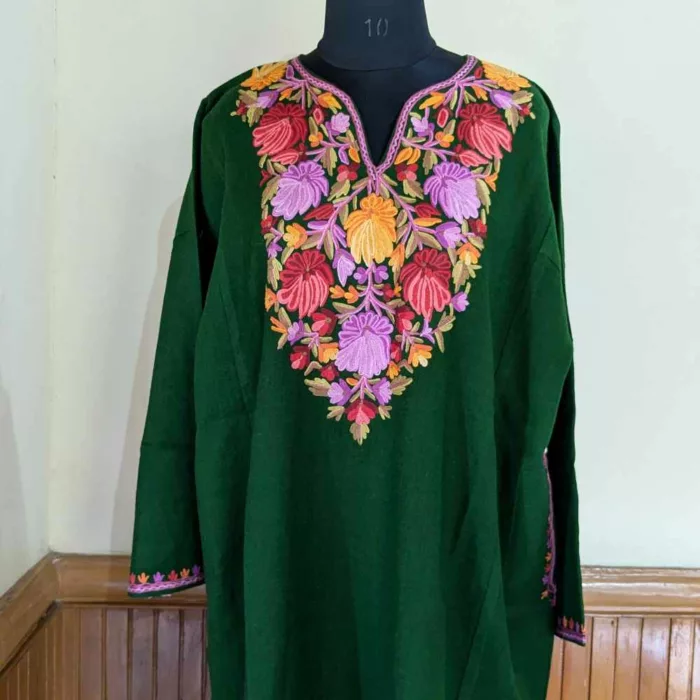 Green Eshal Raffal Kashmiri Pheran with Hand Aari Embroidery