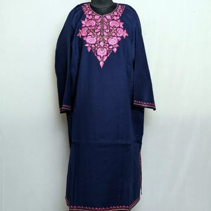 Dark Blue Raffal Pheran and Stole with Hand Sozni Paper Machie Embroidery - Image 2