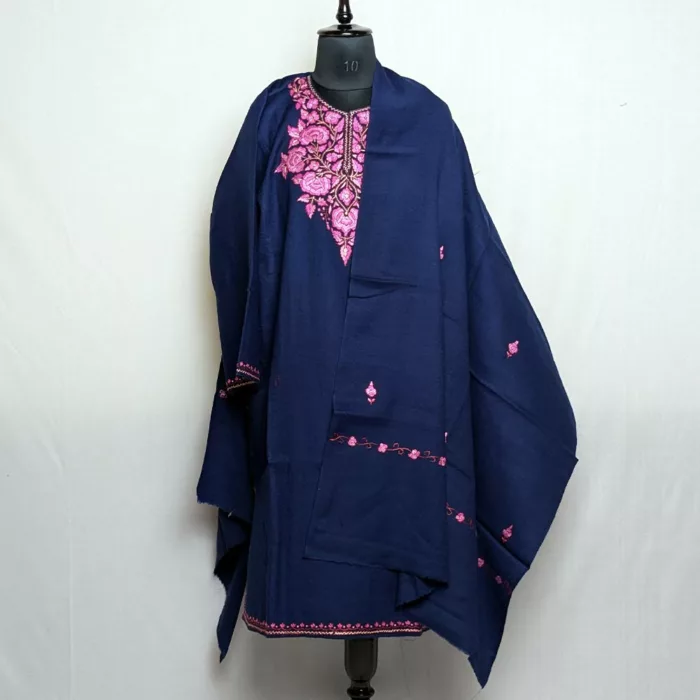 Dark Blue Raffal Pheran and Stole with Hand Sozni Paper Machie Embroidery