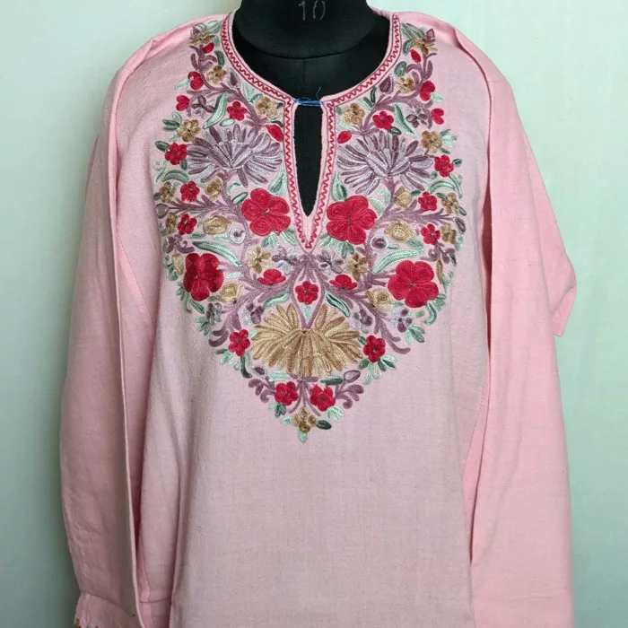 Pink Raffal Pheran with Aari Embroidery