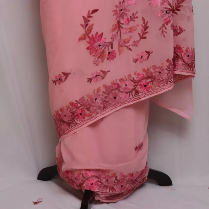 Pink Georgette Saree With Kashmiri Aari Embroidery - Khizan Collection - Image 3