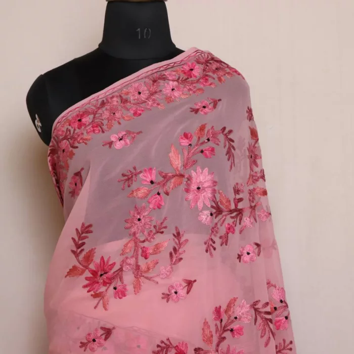 Pink Georgette Saree With Kashmiri Aari Embroidery - Khizan Collection - Image 2