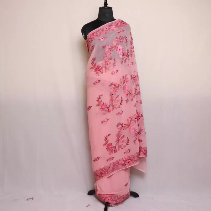 Pink Georgette Saree With Kashmiri Aari Embroidery - Khizan Collection