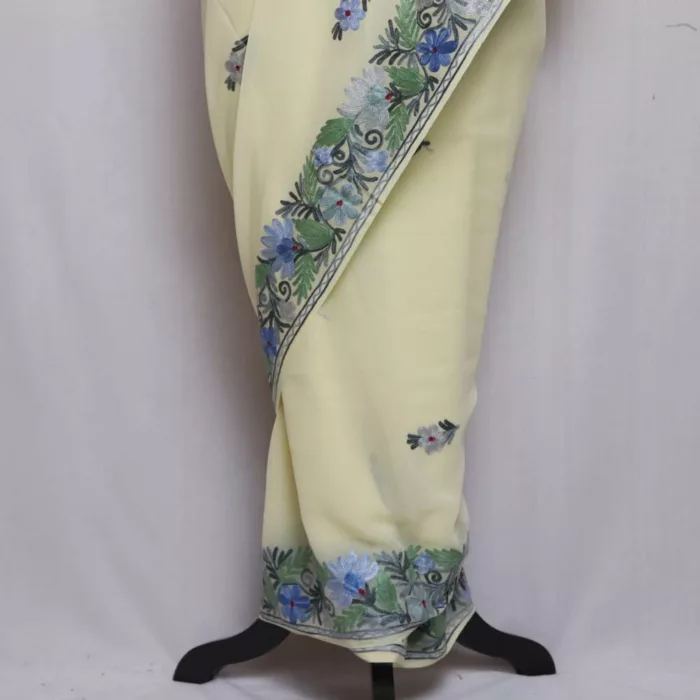 Light yellow Georgette Kashmiri Saree Aari Embroidered – Khizan Collection - Image 4