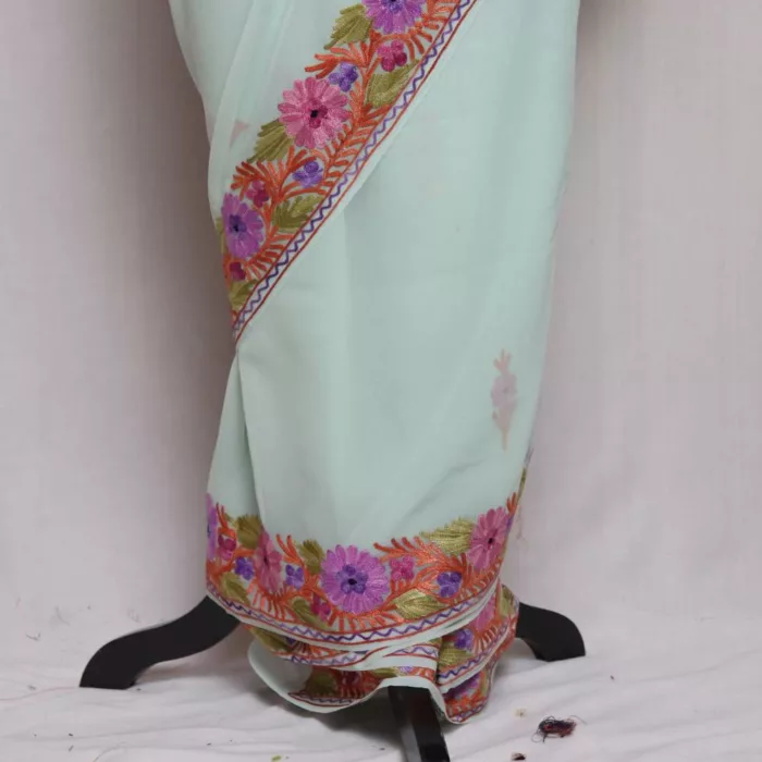 Beautiful Paste Shade Georgette Kashmiri Saree Aari Embroidered – Khizan Collection - Image 3