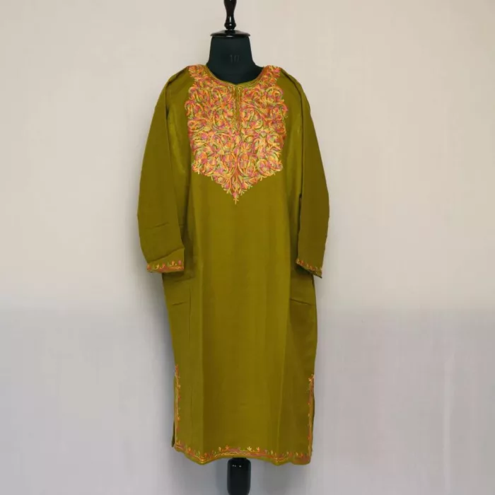 Kashmiri Embroidery Pheran For Women -  Mehndi Green Cashmilon with Aari Work | Haseen Collection