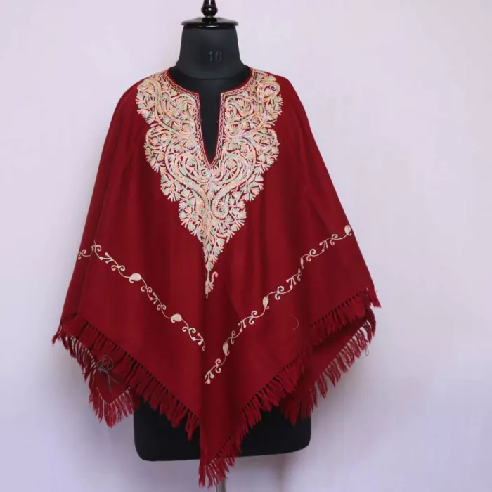 Kashmiri Poncho Maroon Badami Bagh Aari Embroidery -Khushi Collection