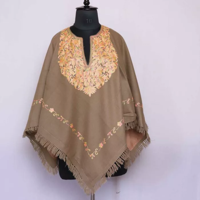 Ligh brown Kashmiri Aari Embroidery Poncho -Khushi Collection