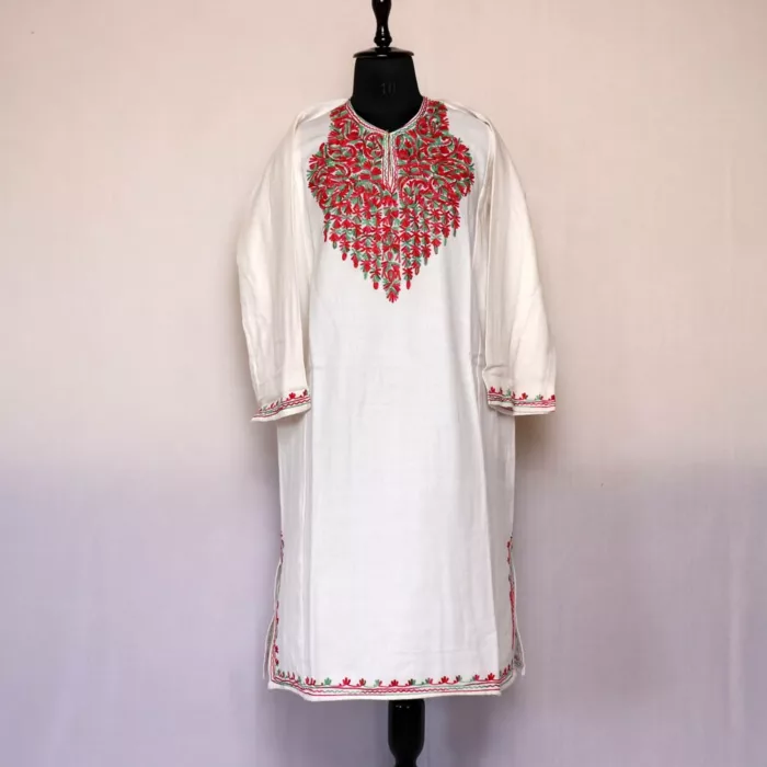 White Gurezi Kashmiri Warm Pheran For Women with Aari Work - Image 2