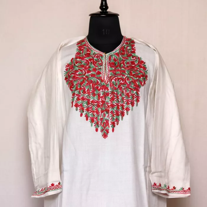 White Gurezi Kashmiri Warm Pheran For Women with Aari Work