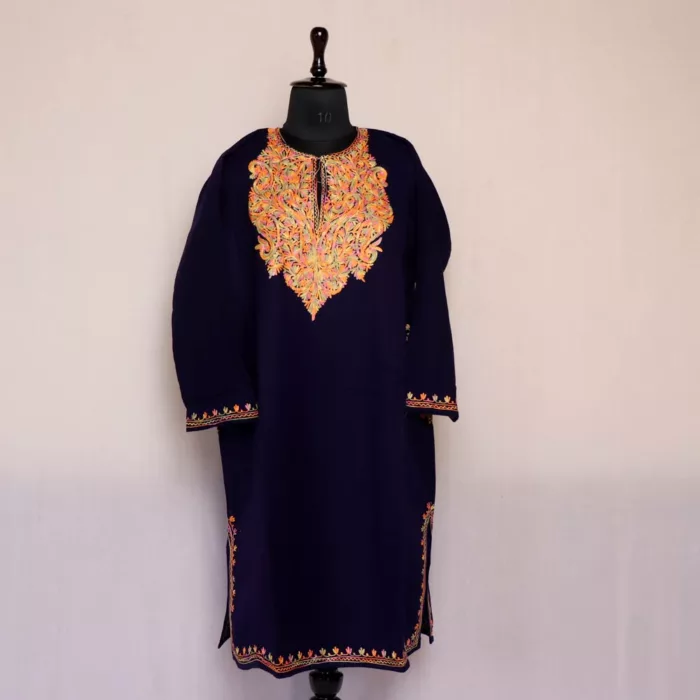 Dark Blue Kashmiri Pheran For Women -  Cashmilon with Aari Work  | Khoobsurat Collection - Image 2