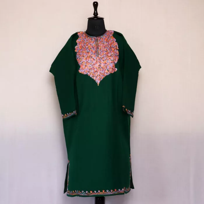 Dark Green Insha Phiran Dress of Kashmir  | Dodhpathri Collection - Image 2